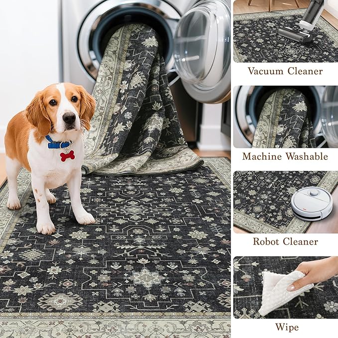 LBRO2M Black Washable Rugs 5X7 for Living Room Bedroom Vintage Non Slip Rugs Easy Clean, Low Piles Stain Resistant Carpet Distressed Area Rug Great for Pets and Family (5'X7' Charcoal Black)