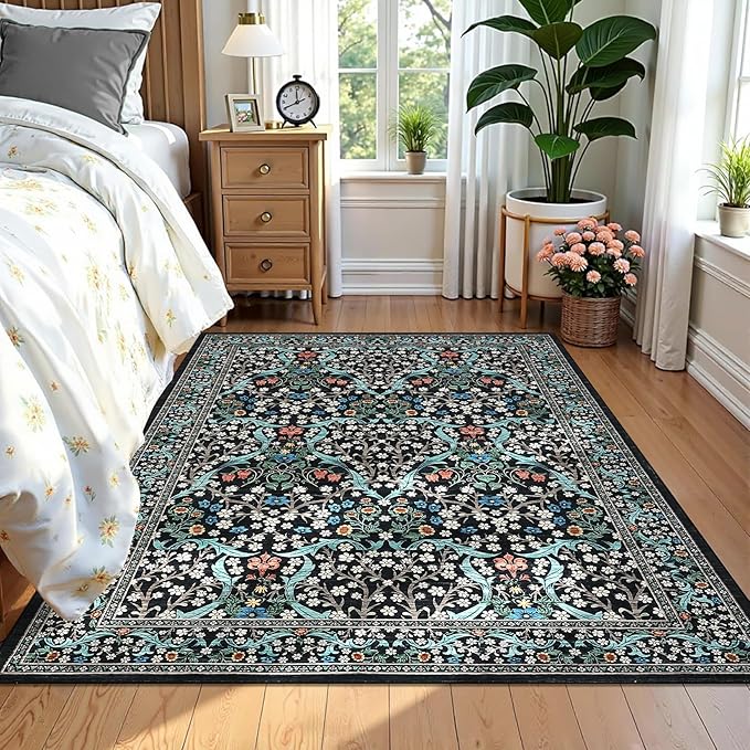 GarveeHome Floral 3x5 Area Rugs for Entryway, Washable Kitchen Rug Non Slip, Low Pile Bedroom Rug, Ultra Soft Stain Resistant Small Carpet for Laundry Room, Black