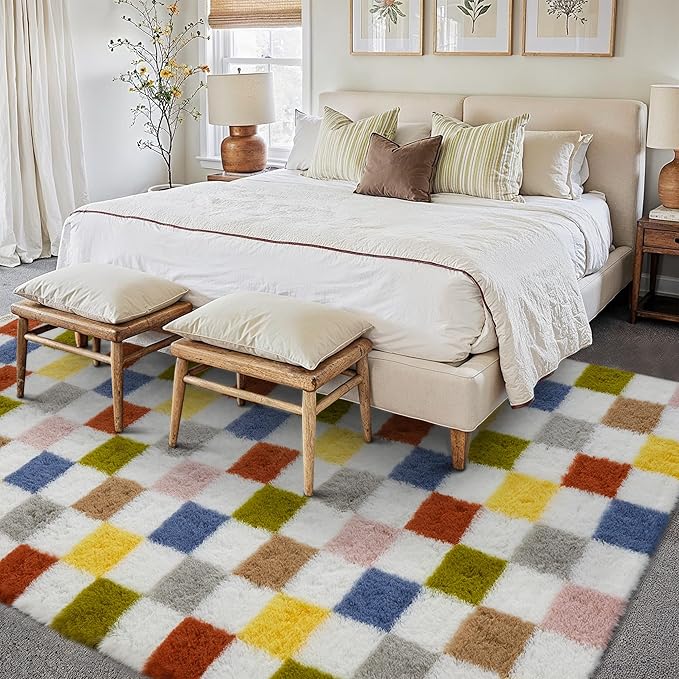 Checkered Rug 5x8 for Living Room, Colorful Modern Shag Rug Super Soft Washable Indoor Fuzzy Carpet Non-Slip Fluffy Rugs for Bedroom Home Aesthetic Decor