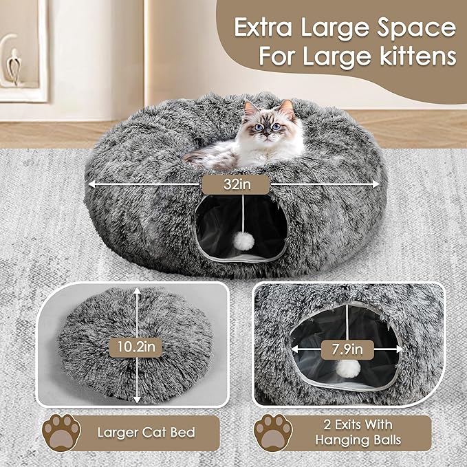 Cat Tunnel Bed for Indoor Cats, Peekaboo Cat Cave with Washable Soft Play Mat, Furry Cat Tube, for Kitten/Puppy/Rabbit, Black