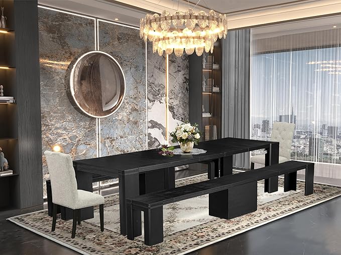 X02EL-206-35 - 5-piece Modern Dining Table Set a Rectangular Kitchen Table and 2 wooden Benches and 2 Doeskin Linen Fabric Dining Chair, 39x120 Inch, Wire Brushed Black