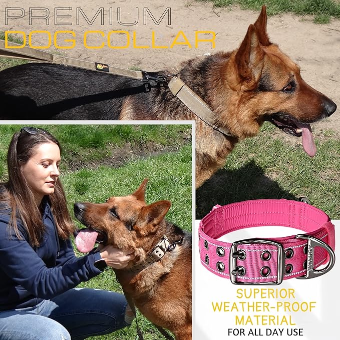 ADITYNA Heavy Duty Dog Collar for Extra-Large Girl Dogs - Reflective Pink Big Collar with Handle for Training, and Walking - Wide, Thick, Tactical, Soft Neoprene Padded
