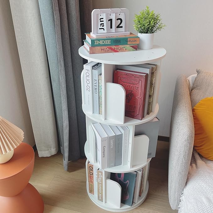 Heehee Wooden Rotating Bookshelf 360 Display Floor Standing Bookcase Storage Rack for Kids&Adults Multi-Functional Bookshelf Organizer (White (3-Tier))