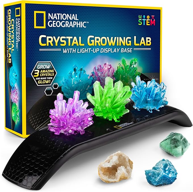 National Geographic Crystal Growing Kit - 3 Vibrant Colored Crystals to Grow with Light-Up Display Stand, Science Toy for Girls and Boys Ages 8-12, Includes 3 Gems, Cool STEM Gift (Amazon Exclusive)