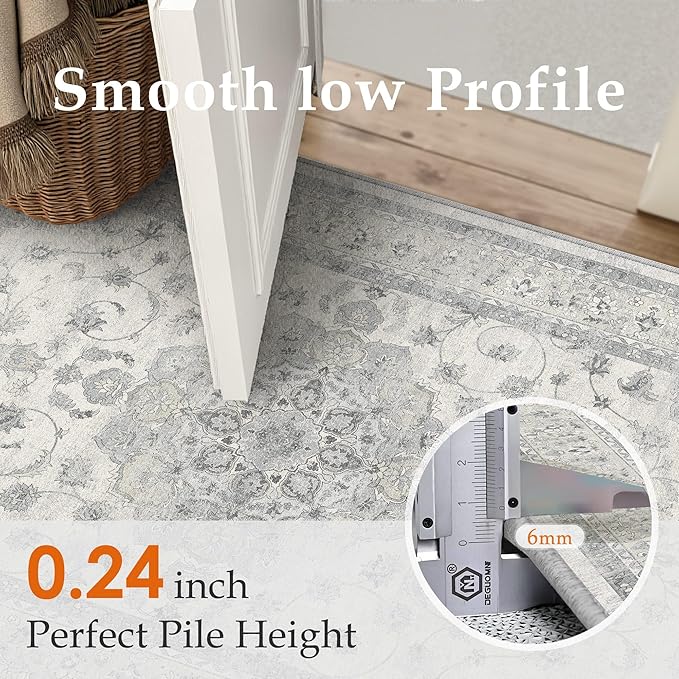 HUGEAR Entryway Machine Washable Area Rugs 2x3 Vintage Grey Small Neutral Style Non Slip Stain Resistant Low Pile Throw Carpet for Hallway Kitchen Retro Aesthetic Modern Decor