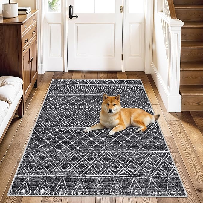 Washable Area Rug 3x4: Living Room Rugs Moroccan Non Slip for Bedroom Dining Room Entryway - Soft Stain Resistant Easy Clean Mat for Family with Pets 3x4 Black