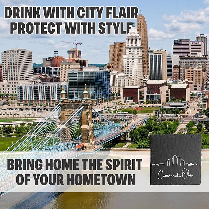 Blue Ridge Mountain Gifts - Cincinnati OH Skyline Coasters, Set of 4 - Cincinnati Ohio Souvenir, Slate Coasters with Minimalist Skyline, Housewarming Gift for Friends, Family, & Neighbors