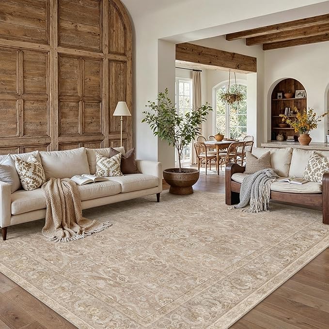 Brown 8x10 Area Rug Washable Living Room Vintage Carpet Bedroom Large Indoor Non Slip Soft Low Pile Thin Stain Resistant Distressed Accent Throw Rug for Dining Office Nursery