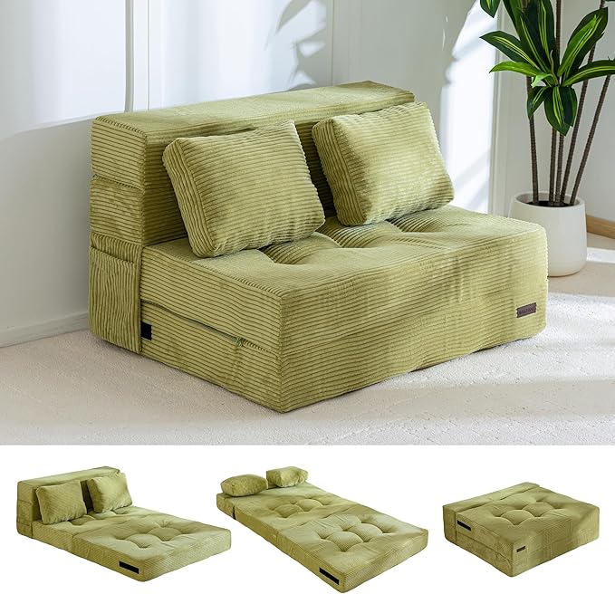 MAXYOYO Convertible Sofa Bed, Fold Out Sleeper Sofa with Pillow, 4 in 1 Tufted Folding Couch Bed Foam Floor Couch, Lazy Chair for Living Room Bedroom Guest Room, Green