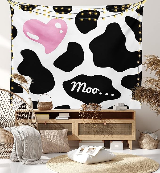 Ambesonne Cow Print Tapestry, Camouflage Hide Skin Pattern in Pastel Color Shades Heart Shape Moo, Fabric Wall Hanging Decor for Bedroom Living Room Dorm, 23" X 28", Pink Black White