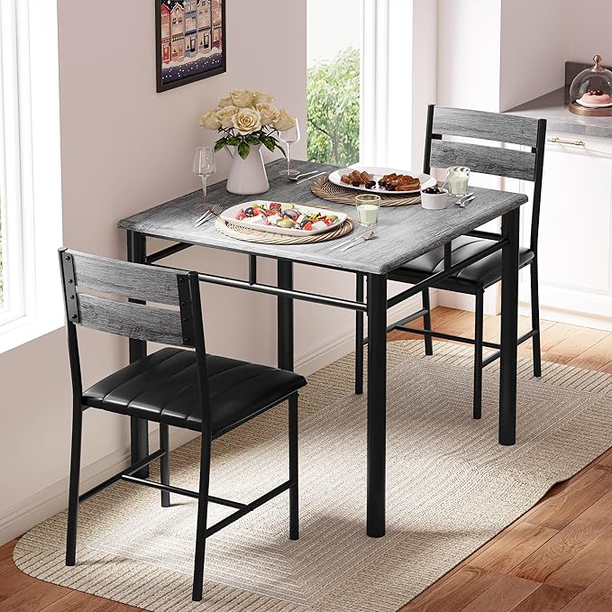 IRONCK Dining Table Set for 2, Small Kitchen Table with Upholstered Chairs for Kitchen & Dining Room, Compact Dining Set for Small Spaces, Gray