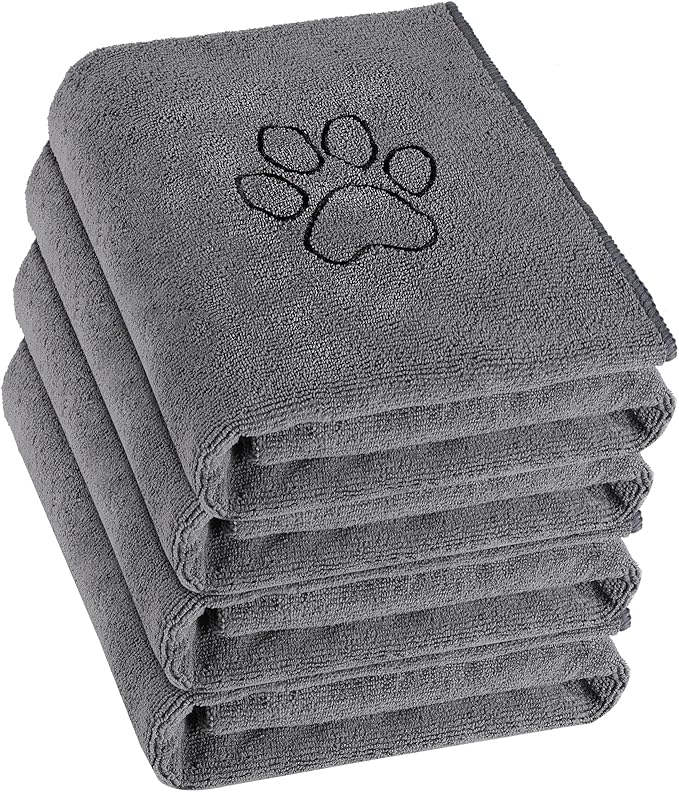 Chumia 4 Pack Dog Towels for Drying Large Microfiber Grooming Tools Absorbent Soft Bath Supplies with Embroidered Paw for Small Medium Pet Products(16 x 32 Inch,Gray)
