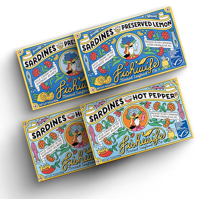Fishwife Sardine Quad 4-Pack (2x Sardines with Lemon, 2x Sardines with Hot Pepper) | Wild-Caught & Hand-Packed with Spanish Extra Virgin Olive Oil | MSC-Certified Sustainable Seafood, High Protein, Gluten Free, Paleo Friendly, Keto Friendly, Omega-3s