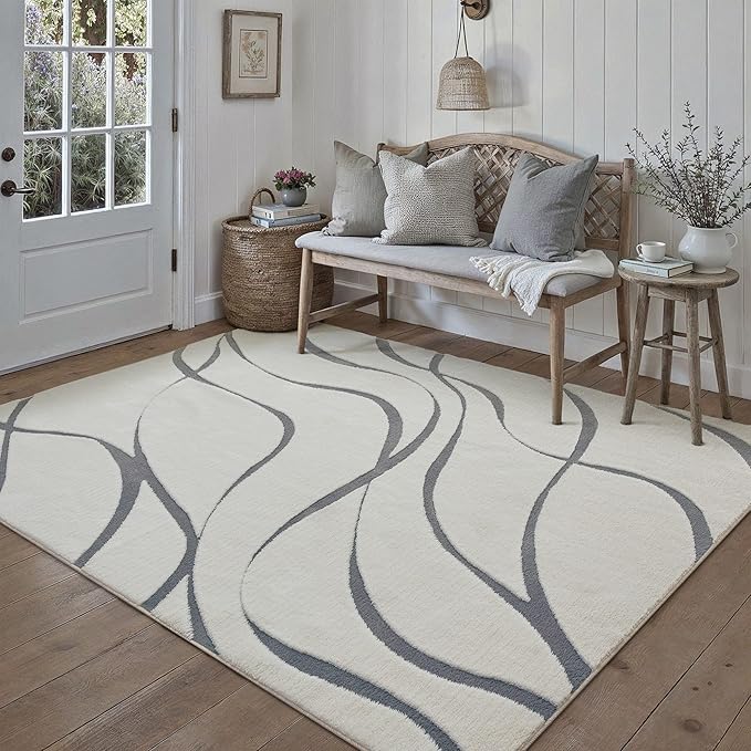 HUGEAR Shag Area Rug 4x6 Grey & Ivory Washable Living Room Bedroom Rug Non Slip Non-Shedding Soft Plush Medium Pile Large Throw Carpet for Home Office Aesthetic Modern Decor