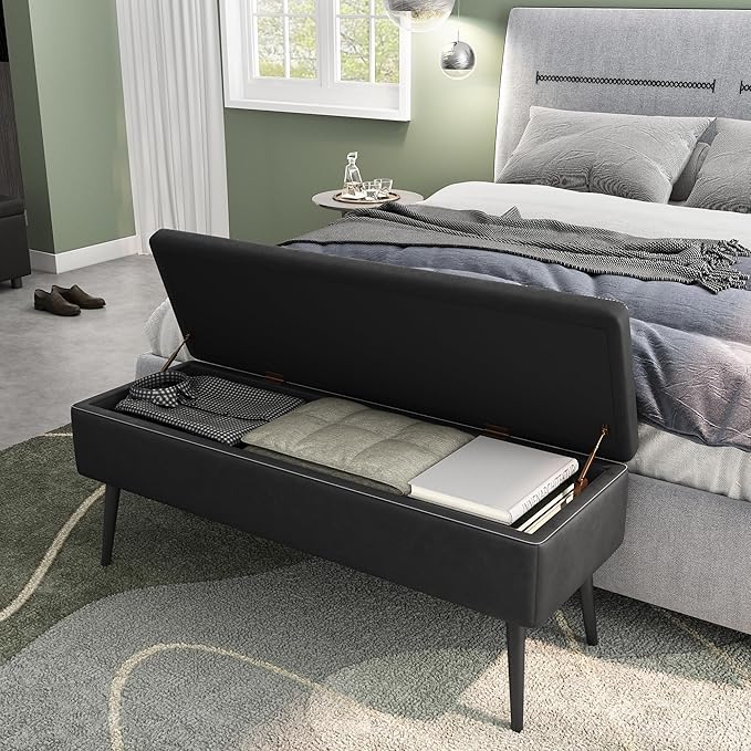 GarveeHome Storage Ottoman Bench, Mid-Century Modern Entryway Bedroom Bench, Synthetic Leather with Stitching, Safety Hinges, Loads 680 Lb, Black