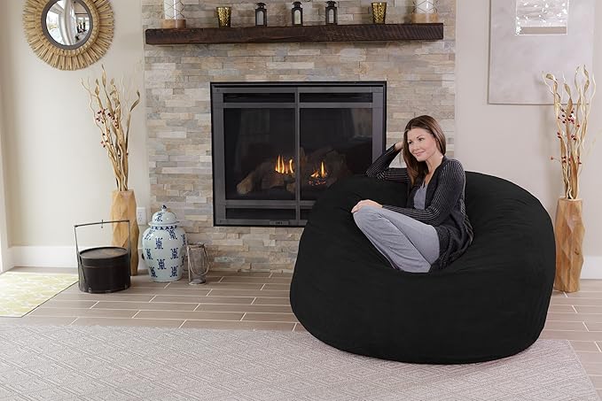 Chill Sack Bean Bag Chair - 5' Giant Memory Foam Lounge Chair with Soft Microfiber Cover – Cozy Furniture for Living Room, Dorm, & Kids' Rooms – Comfortable 5 Ft, Microsuede Lounge Sofa, Black