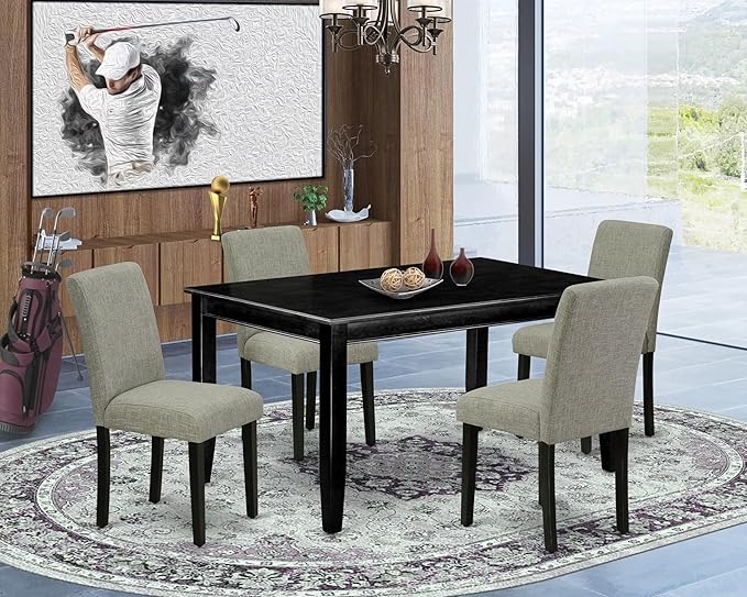 East West Furniture DUAB5-BLK-06 5 Piece Kitchen Table Set for 4 Includes a Rectangle Dining Table and 4 Shitake Linen Fabric Parson Dining Room Chairs, 36x60 Inch, Black