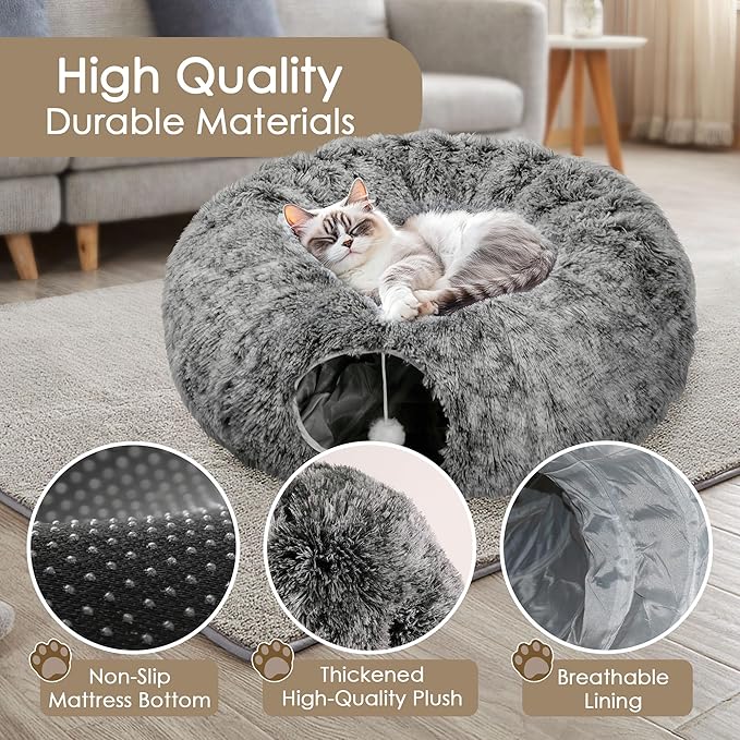 Cat Tunnel Bed for Indoor Cats, Peekaboo Cat Cave with Washable Soft Play Mat, Furry Cat Tube, for Kitten/Puppy/Rabbit, Black
