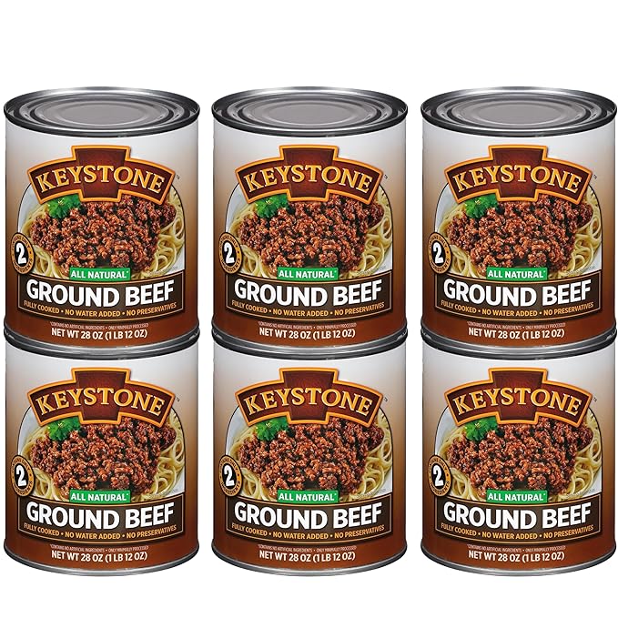 Keystone Meats All Natural Heat and Serve Ground Beef 28 oz – Fully Cooked Canned Meat – Ready to Eat – 5-Year Shelf Life – Pantry Staple for Everyday Meals, Emergency Survival Canned Food – Made in USA – Pack of 6