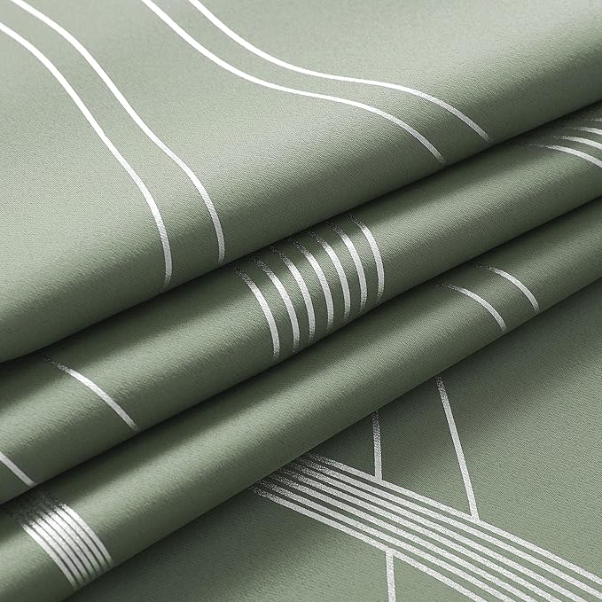 NICETOWN 100% Blackout Greyish Green Blackout Curtain Panels for Bedroom 63 inch Long, Thermal Insulated Wave Line Foil Print Design Drapes for Patio Sliding Glass Door, 52" x 63", 2 Panels