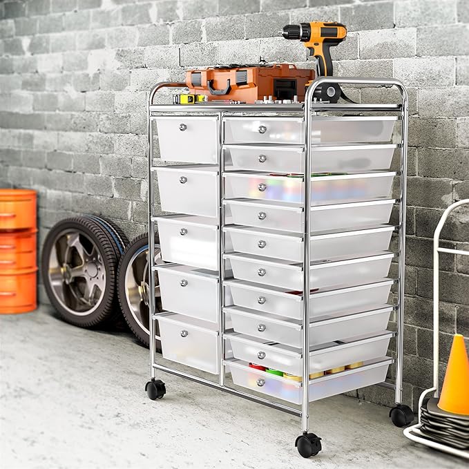 Simple Houseware Utility Cart with 15 Drawers Rolling Storage Art Craft Organizer, Chrome