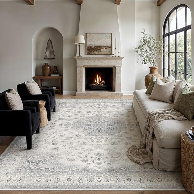 HUGEAR Machine Washable Area Rugs 8x10 Vintage Grey Large Living Room Bedroom Rug Neutral Style Non Slip Stain Resistant Low Pile Throw Carpet for Home Retro Aesthetic Modern Decor