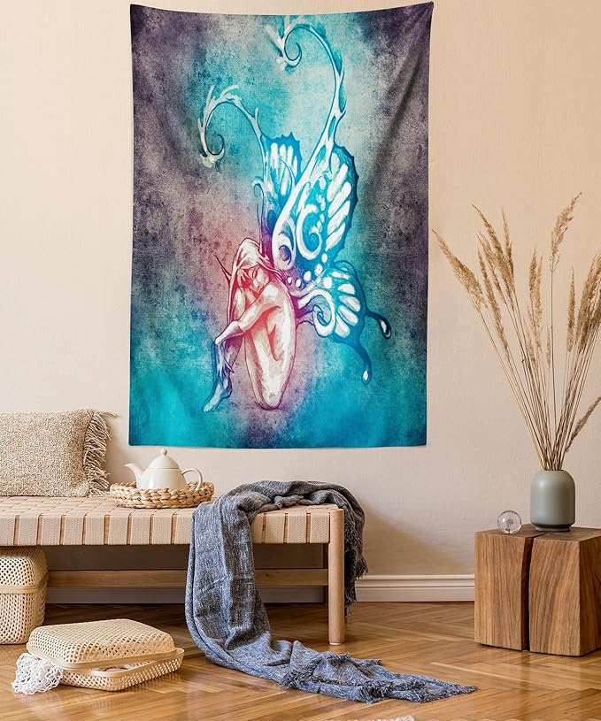 Ambesonne Butterfly Tapestry, with Butterfly Wings Renewal Female Rebirth Psyche Lightness of Being, Fabric Wall Hanging Decor for Bedroom Living Room Dorm, 23" X 28", Blue Purple