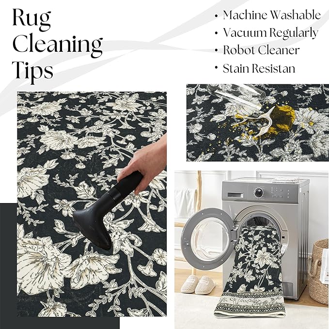 Boho Dining Room Rugs for Under Table 7x9 Washable Black Cream Beige Floral Design Sketch Style Area Rug for Living Room, Low Pile Non-Slip for Bedroom Under Bed Aesthetic Boho Farmhouse Decor