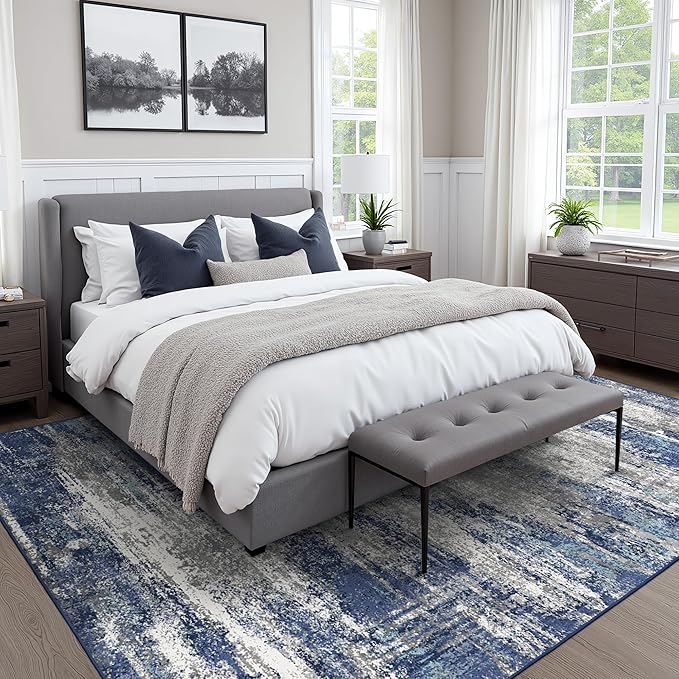 Area Rugs 6x9 for Living Room Bedroom, Modern Abstract Machine Washable Rug, Large Soft Low Pile Floor Cover with Non Slip Backing for Dining Room, Navy Blue Gray