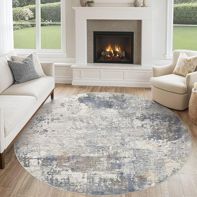6ft Round Area Rug Living Room Rugs - 6x6 Washable Neutral Modern Abstract Soft Thin Rug Indoor Floor No Slip Rug Carpet for Bedroom Under Dining Table Home Office Decor - Blue Grey