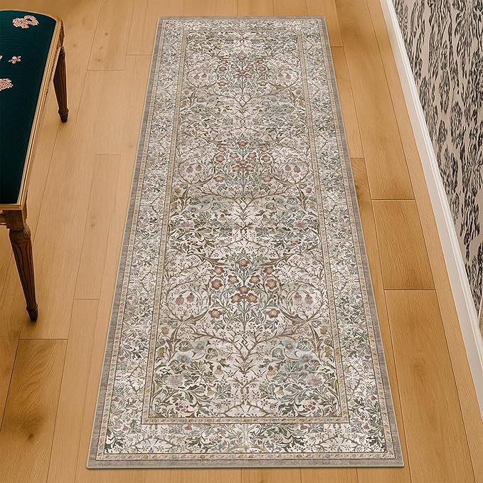 Non Slip 2x6 Moss Green Bathroom Runner Rug - Small Runner Rugs, Washable Kitchen Floor Mat, Bedroom, Hallway Runner - Vintage Oriental Taupe Brown Décor