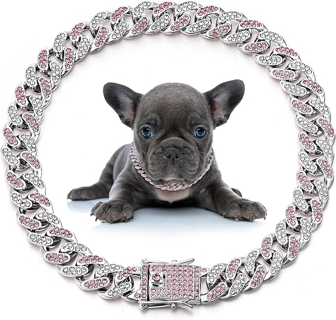 LEIFIDE Dog Chain Collar Diamond Link Puppy Collar 12 mm Wide Dog Necklace Metal Cat Chain Pet Crystal Necklace Jewelry Accessories for Small Medium Large Pet(8 Inch,Silver, Pink White)