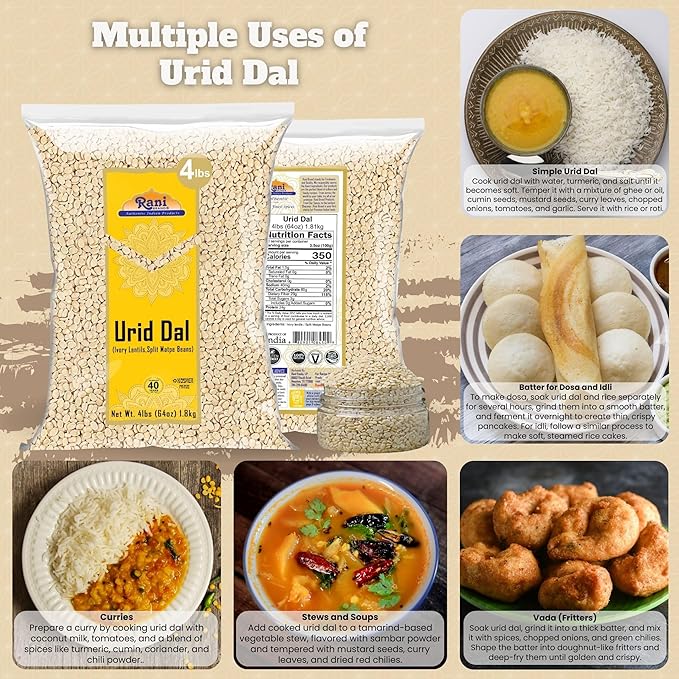 Rani Urid/Urad Dal (Split Matpe Beans Skinless) Indian Lentils 64oz (4lbs) 1.81kg Bulk ~ All Natural | Gluten Friendly | Non-GMO | Kosher | Vegan | Indian Origin