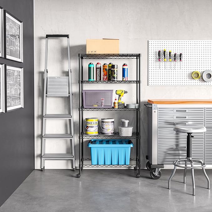Seville Classics Solid Steel Wire Shelving Storage Unit Adjustable Shelves Organizer Rack, for Home, Kitchen, Office, Garage, Bedroom, Closet, Black, 5-Tier, 30" W x 14" D (New Model)