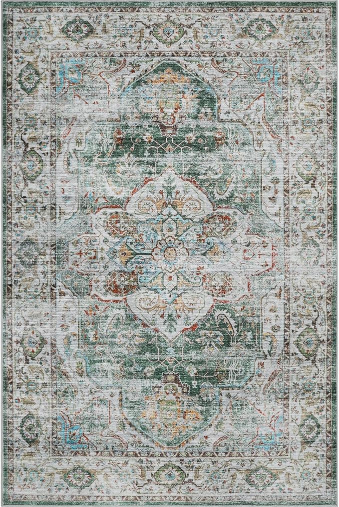 5x7 Area Rugs for Living Room,Stain Resistant Washable Rug,Non-Slip Backing Rugs for Bedroom,Kitchen,Printed Vintage Home Decor Rug (Green, 5'x7')