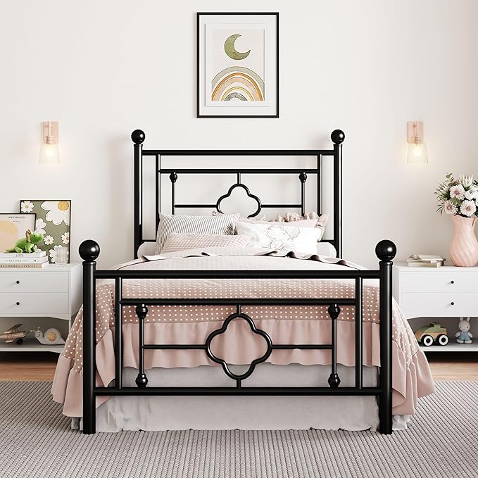 SHA CERLIN 14 Inches Twin Size Metal Platform Bed Frame/Vintage Iron-Art Headboard and Footboard/Mattress Foundation for Storage/No Box Spring Needed/Noise-Free/Easy Assembly/Black