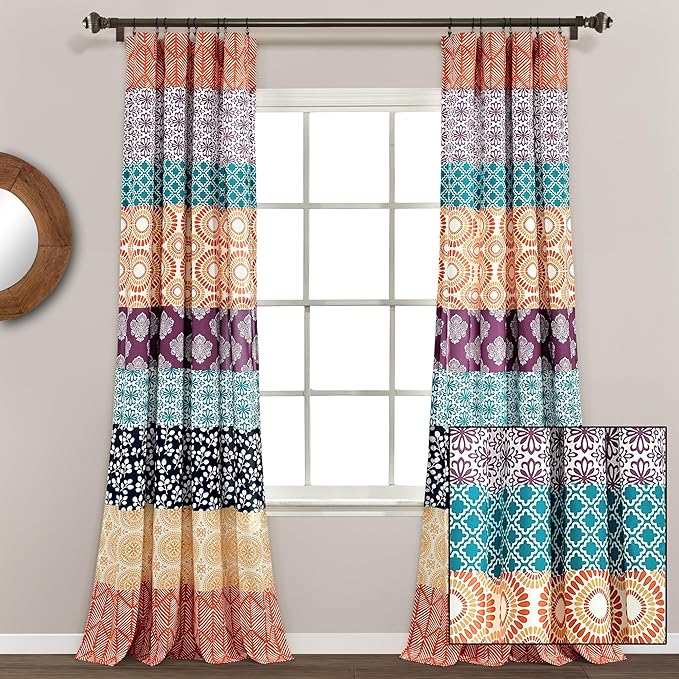 Lush Decor Bohemian Stripe Window Curtain Panels, Pair 52" W x 84" L Fuchsia & Orange - Light Filtering Curtains for Bedroom - Boho Curtains - Maximalist Decor