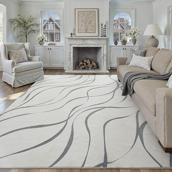HUGEAR Shag Area Rug 8x10 Grey & Ivory Washable Living Room Bedroom Rug Non Slip Non-Shedding Soft Plush Medium Pile Large Throw Carpet for Home Office Aesthetic Modern Decor