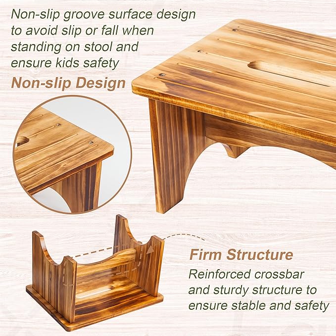 Wooden Step Stool for Adults, 9" Portable Wood Step Stool for Kids, Heavy Duty One Step Bedside Stool with 550 Lbs Load Capacity, Non-Slip White Foot Stool for Kitchen Bathroom Bedroom