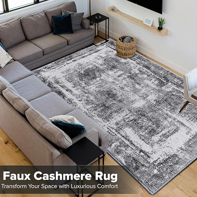 Hudson Comfort 10x12 Area Rug - Faux Cashmere Living Room Carpet - Machine Washable Area Rugs with Anti-Slip TPR Back - Super Soft 6mm Pile Height Pet-Friendly Rugs (Gray)