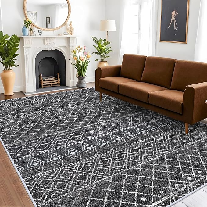 8x10 Rug for Living Room - Washable Area Rugs Modern Moroccan Area Rug Large Low Pile Carpets for Bedroom Soft Indoor Home Thin Area Rug for Dining Room Office 8x10 Black