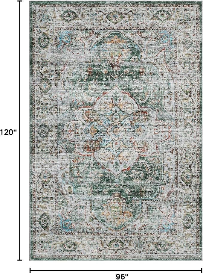 Washable Rug 8x10 Area Rugs for Living Room - Stain Resistant Non-Slip Backing Rugs for Bedroom - Vintage Large Area Rug (Green, 8'x10')