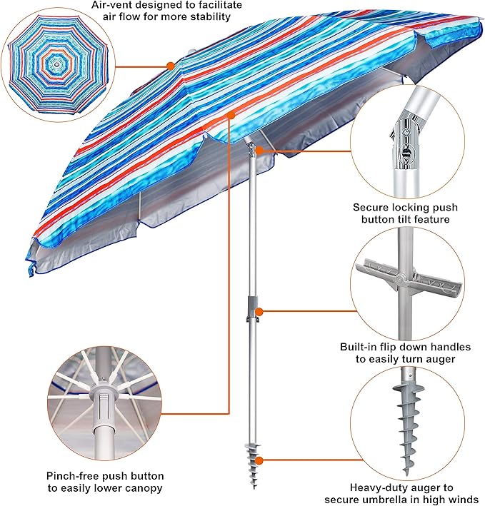 Blissun 7.2' Beach Umbrella with Sand Anchor, Outdoor Portable Beach Umbrella for Sand with Tilt Pole, Carry Bag, Air Vent
