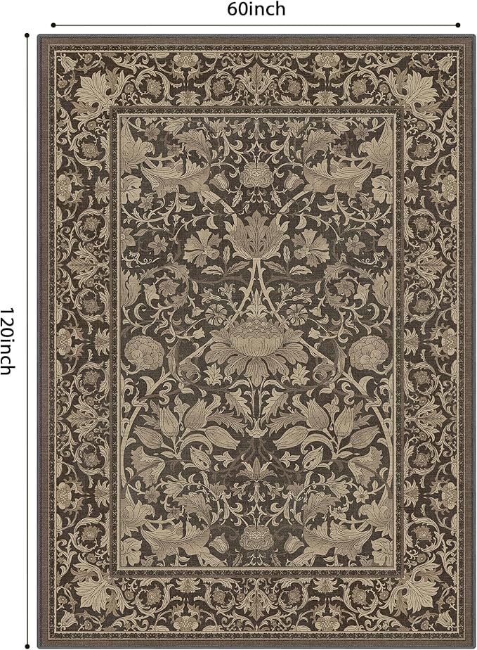Bavni 5x7 Area Rugs, Vintage Style Thin Rugs for Living Room Bedroom Dining Room, Low Pile Lightweight Non Slip Machine Washable Rug, Aesthetic Floral Pattern Print Home Decor Elegant Black Gold Rug