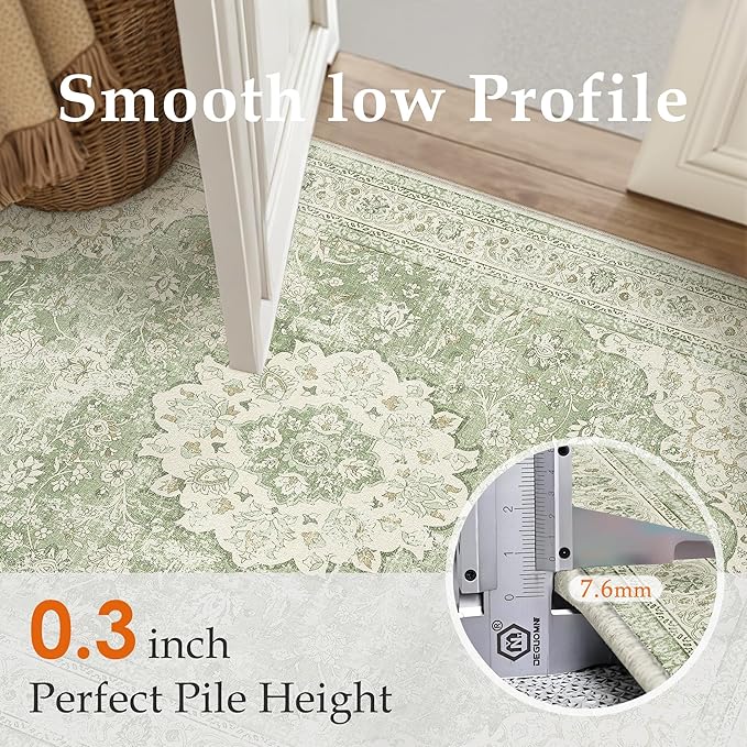 8x10 Green Washable Vintage Area Rug for Living Room Bedroom Soft Tranditional Non Slip Large Throw Rug Lightweight Floral Low Pile Distressed Carpet Office Playroom Home Decor