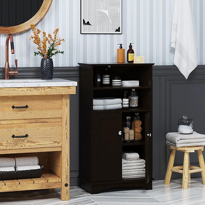 Spirich Modern Espresso Wood Bathroom Storage Cabinet, 23.62" W x 11.81"D x 40.15"H, 2 Doors, 3 Adjustable Shelves, Freestanding, Perfect for Bathroom, Entryway, Living Room & Dining Room