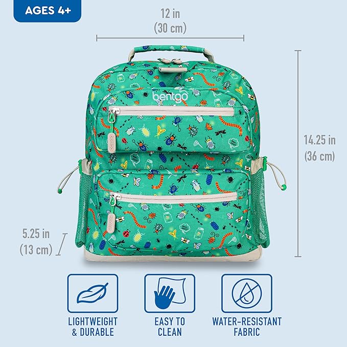 Bentgo Kids Backpack - Lightweight 14” Backpack in Fun Prints for School, Travel, & Daycare, Ideal for Ages 4+, Roomy Interior, Durable & Water-Resistant Fabric, & Loop for Lunch Bag (Bug Buddies)