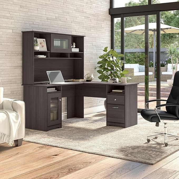 Bush Furniture Cabot L Shaped Desk with Hutch | Corner Desk with Storage for Home Office in Heather Gray | 60W L Shaped Computer Desk