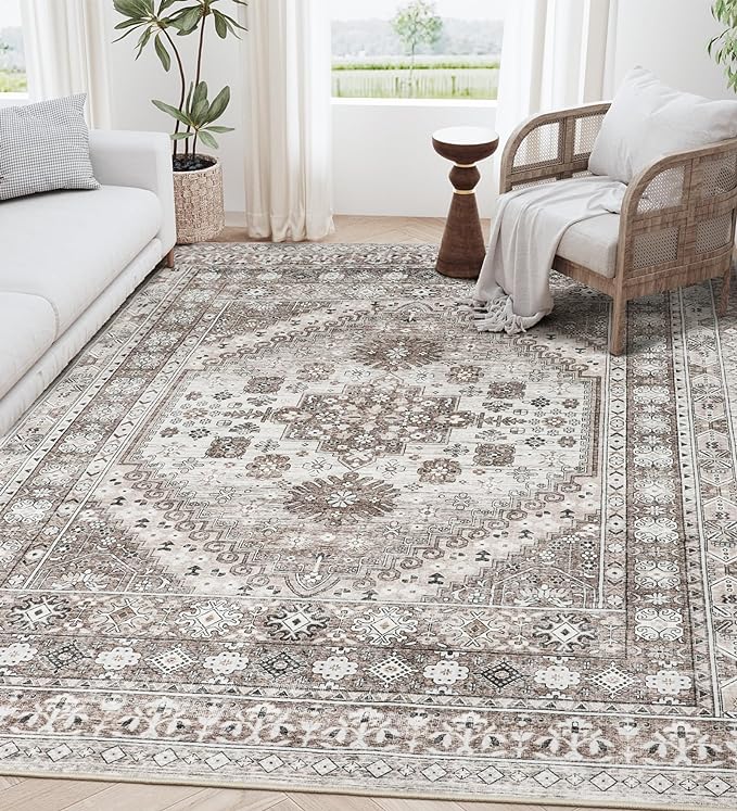 3x5 Rug, Ultra-Thin Area Rugs for Living Room,Non-Slip Lightweight Washable Rug for Bedroom,Kitchen,Entryway,Stain Resistant Small Carpet (Brown/Beige, 3'x5')