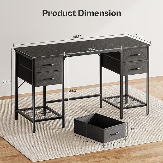 Huuger 55 Inch Computer Desk with 4 Drawers and Mesh Shelf, Gaming and Work Desk for Home Office, Study, Bedroom, Work from Home